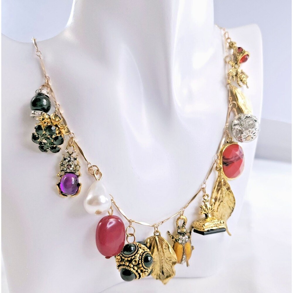 Whimsigoth Boho Gold Tone Loaded Charm Necklace Jeweled Faux Pearl